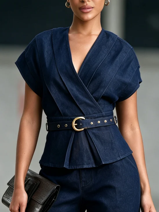 Denim Urban Plain V Neck Denim Top With Belt