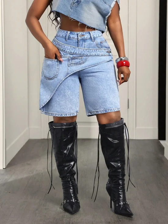 Regular Fit Asymmetric Casual Denim Shorts