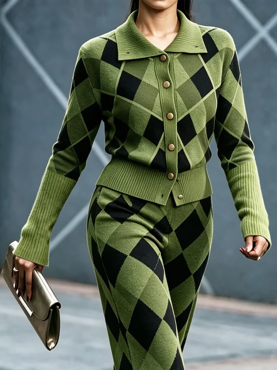 Casual Geometric Shirt Collar Cardigan