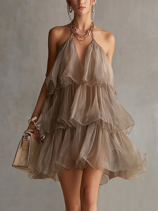Elegant Floral Folds Halter Neck Mini Dress