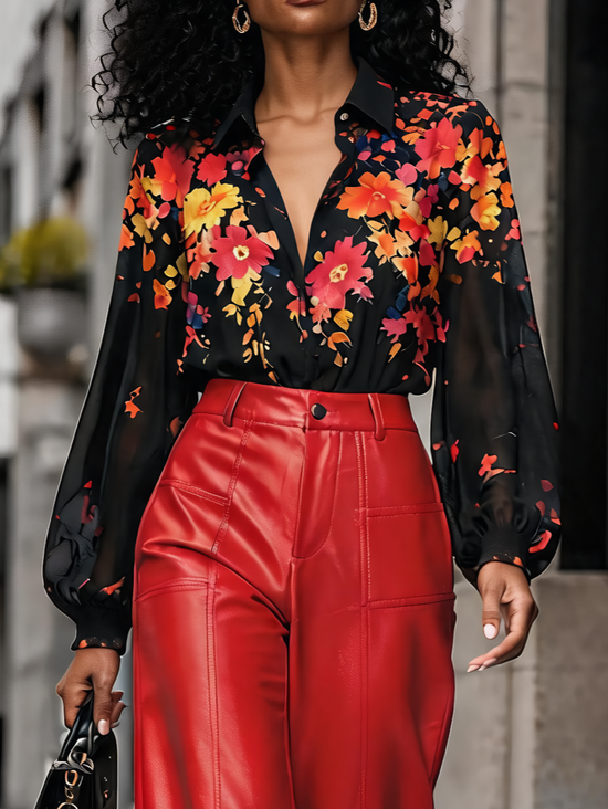 Urban Floral Printing Shirt Collar Shirt