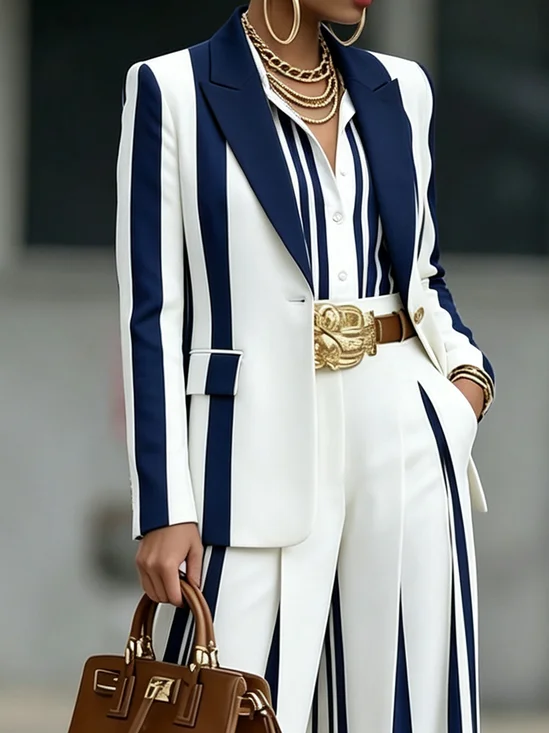Urban Abstract Stripes Lapel Collar Long Sleeve Blazer