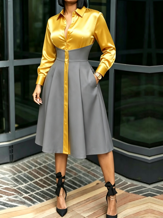 Elegant Color Block Shirt Collar Midi Dress