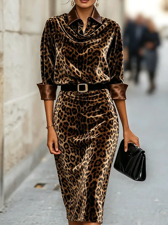 Urban Leopard Shirt Collar Floor Length Dress Belt