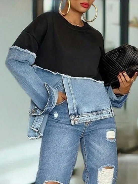Casual Color Block Split Joint Crew Neck Denim Top
