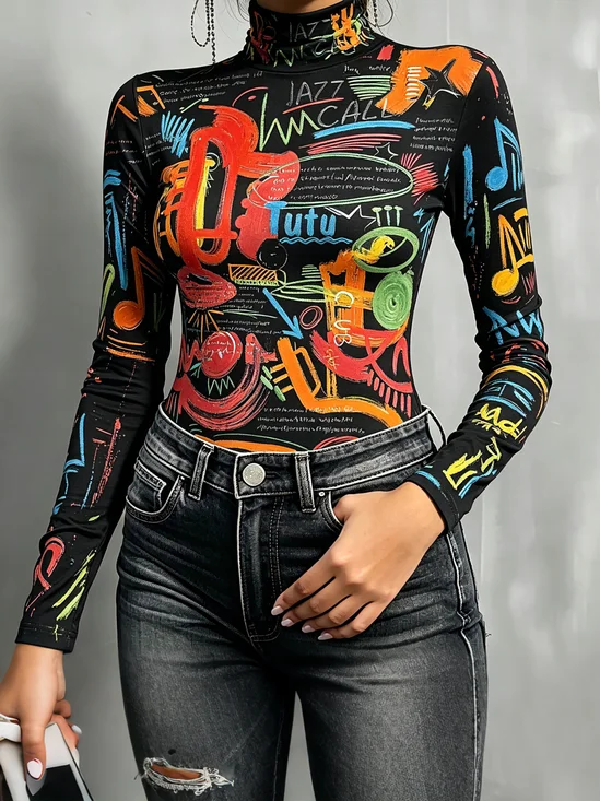 Casual Random Print Printing Turtleneck T-shirt