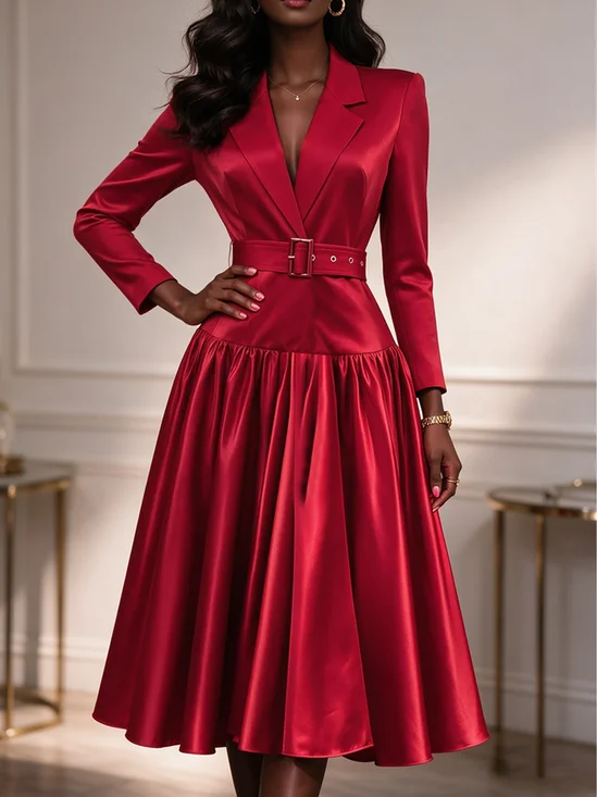 Elegant Plain Cross Cross Neck Midi Dress With Belt