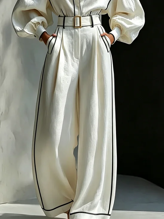 Cotton And Linen Casual Color Block Webbing Wide Leg Pants With Belt