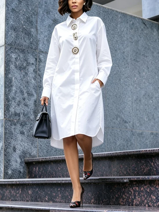 Cotton Urban Plain Button Detail Shirt Collar Knee Length Dress