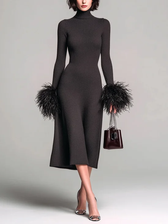 Elegant Plain Turtleneck Midi Sweater Dress