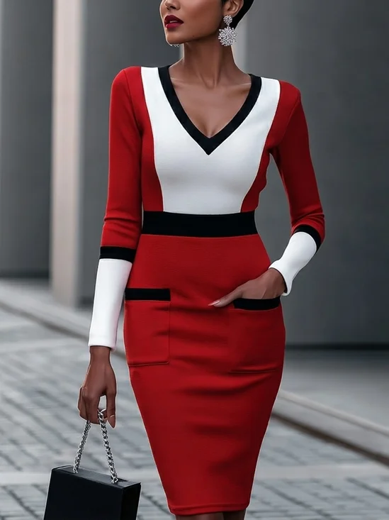 Urban Color Block Printing V Neck Knee Length Dress