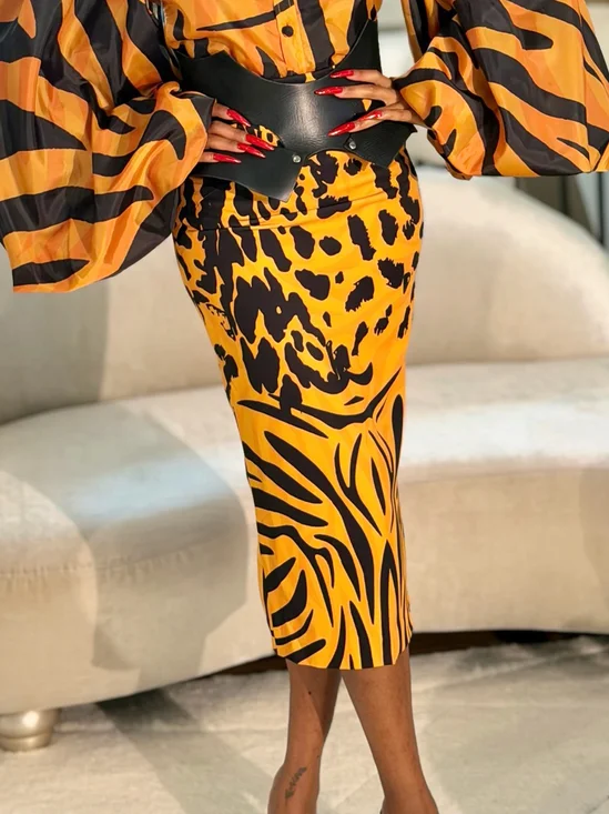 Elegant Printing Zebra Midi Skirt No Belt