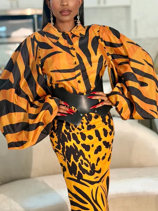 Elegant Zebra Printing Shirt Collar Balloon Sleeve Shirt