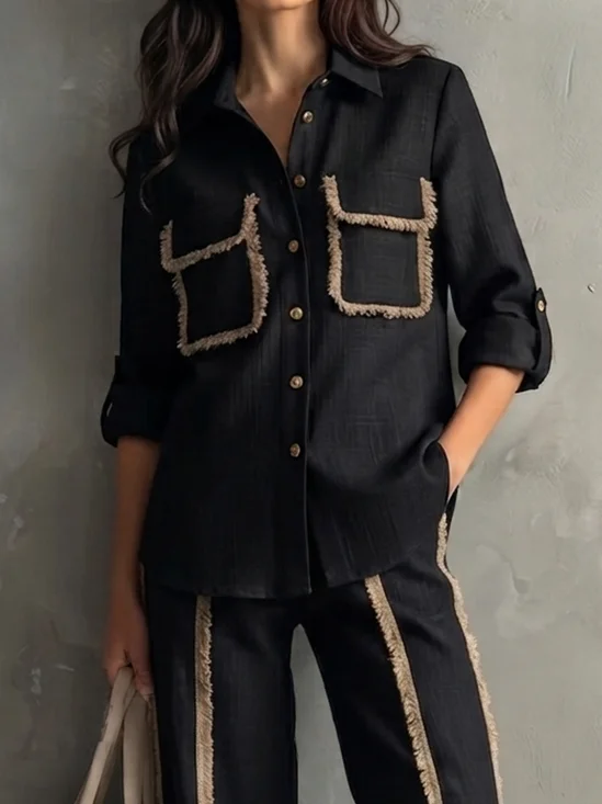 Cotton And Linen Casual Color Block Shirt Collar Shirt