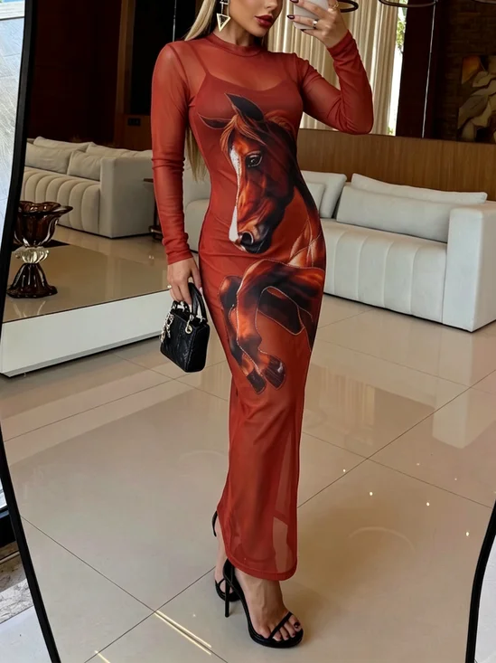 Elegant Horse Printing Stand Collar Maxi Dress