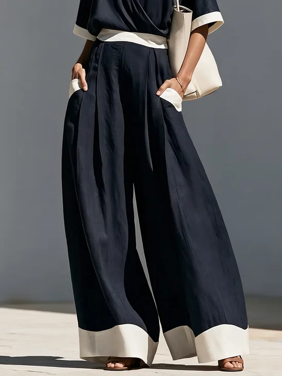 Casual Color Block Split Joint Wide Leg Pants