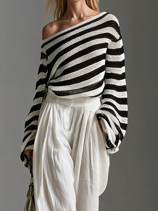 Medium Elasticity Casual Striped Long Sleeve Sweater