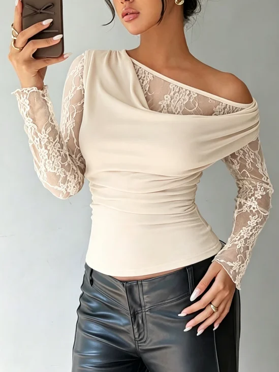 Elegant Plain Lace Cold Shoulder Blouse