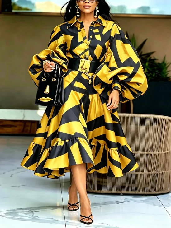 Elegant Abstract Graphic Balloon Sleeve Printing Shirt Collar Midi Dress No Belt