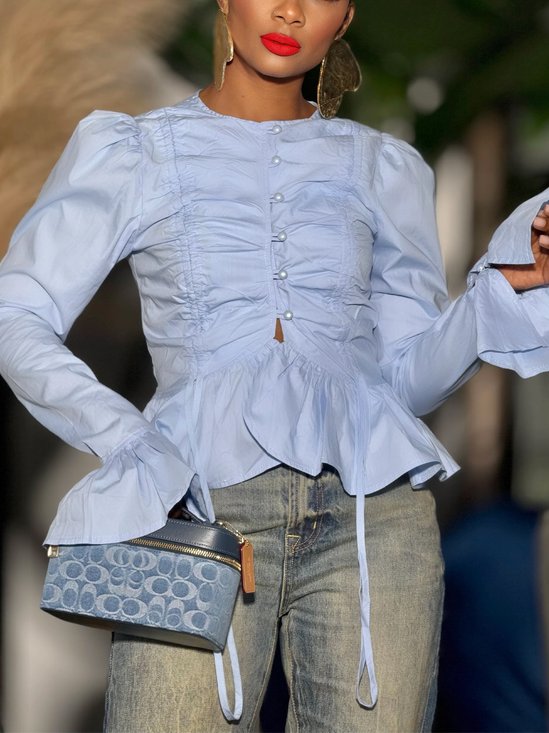 Urban Plain Ruched Crew Neck Bell Sleeve Shirt