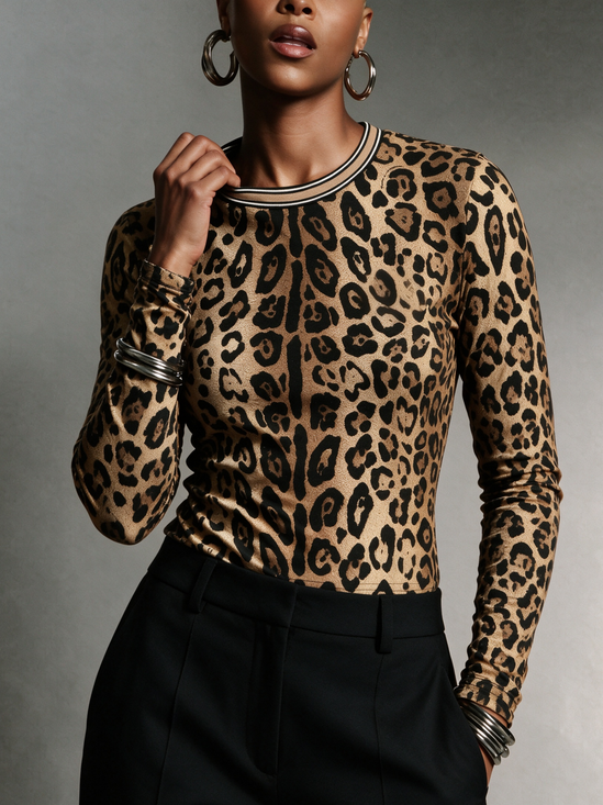 Casual Leopard Printing Crew Neck T-shirt