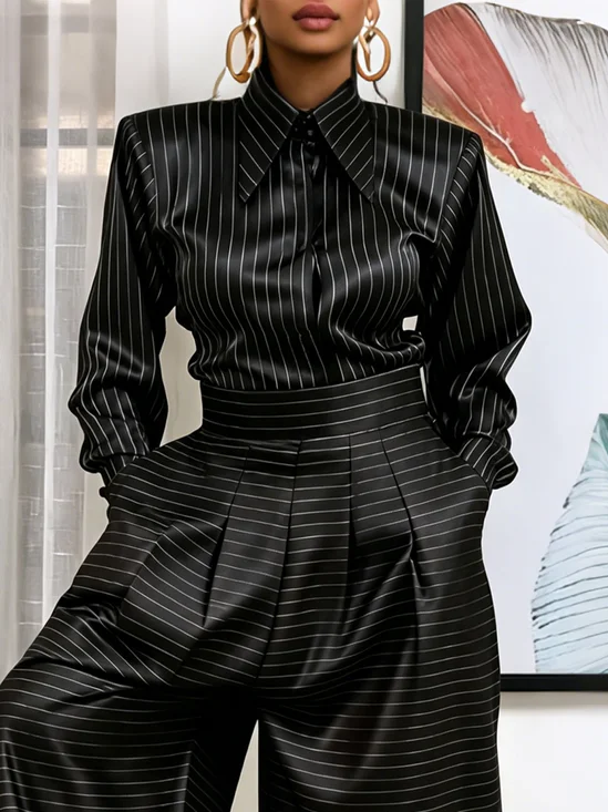 Urban Striped Shoulder Pad Shirt Collar Shirt