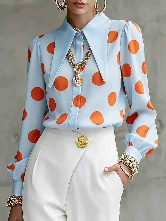 Urban Polka Dots Shirt Collar Long Sleeve Shirt