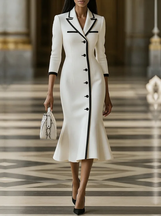 Urban Color Block Lapel Collar Maxi Dress