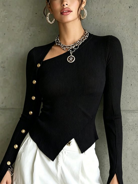 Urban Plain Button Detail Asymmetrical T-shirt