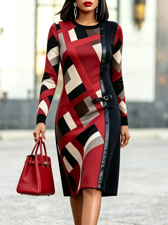 Urban Color Block Printing Crew Neck Knee Length Dress