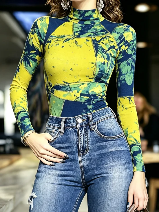 Casual Random Print Printing Mock Neck T-shirt