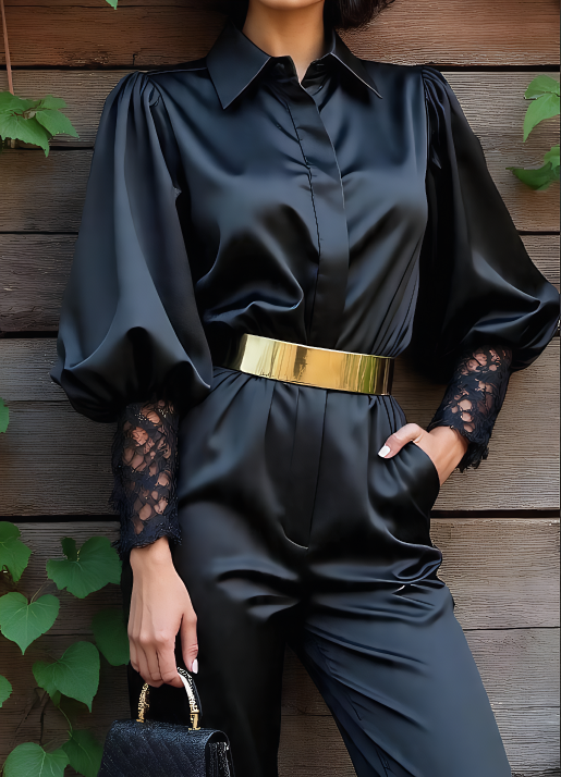 Elegant Plain Lace Shirt Collar Shirt