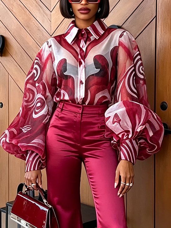 Elegant Random Print Printing Shirt Collar Balloon Sleeve Shirt
