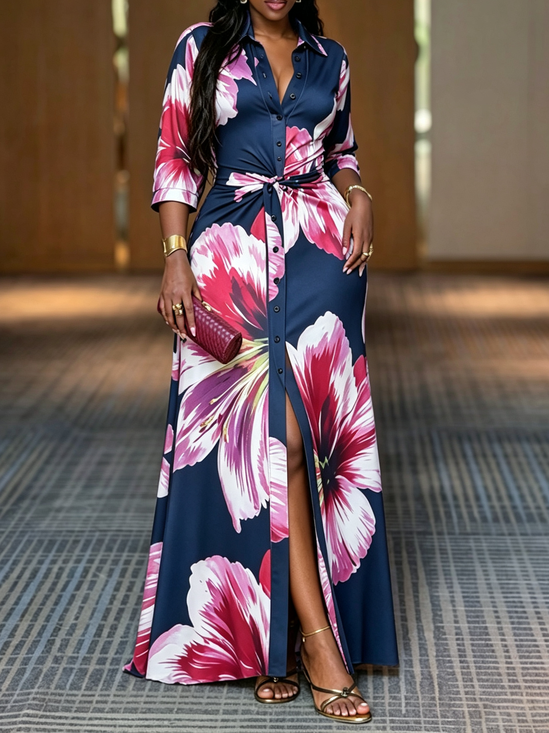 Urban Floral Knot Shirt Collar Color Block Midi Dress