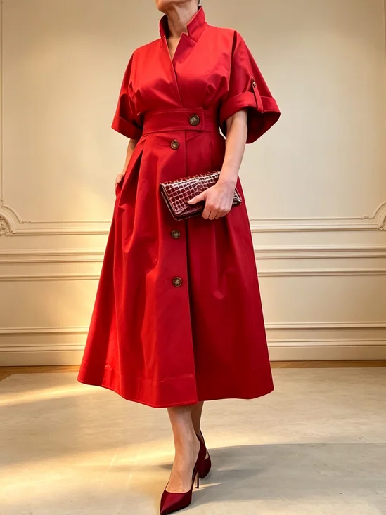 Urban Plain Lapel Collar Maxi Dress With Belt