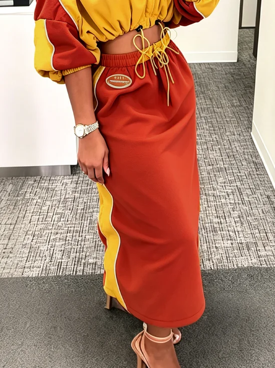 Casual Split Joint Color Block Maxi Skirt