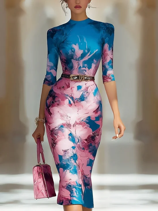 Elegant Floral Printing Stand Collar Midi Dress No Belt