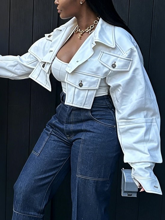 Casual Pockets Plain Shawl Collar Denim Jacket