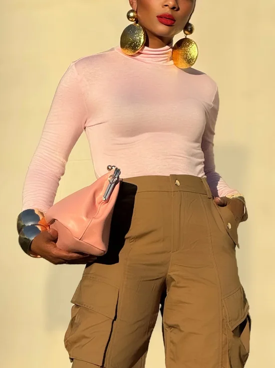 Casual Plain Stand Collar T-shirt