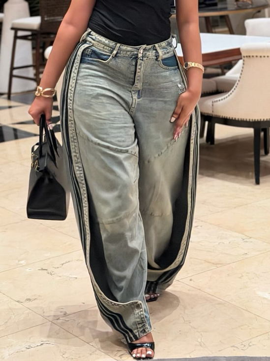 Denim Loose Color Block Urban Long Jeans