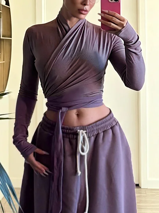 Casual Plain Lace-up Cross Neck T-shirt