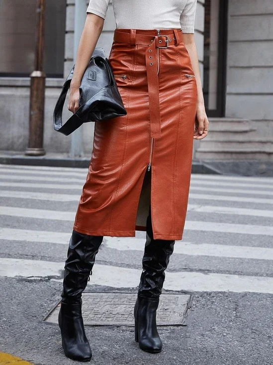 Urban Zipper Plain Midi Faux Leather Skirt With Belt