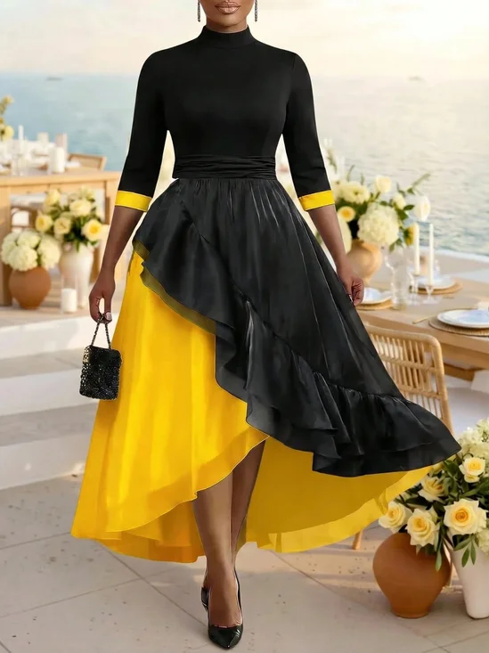 Elegant Color Block Peplum Stand Collar Maxi Party Dress