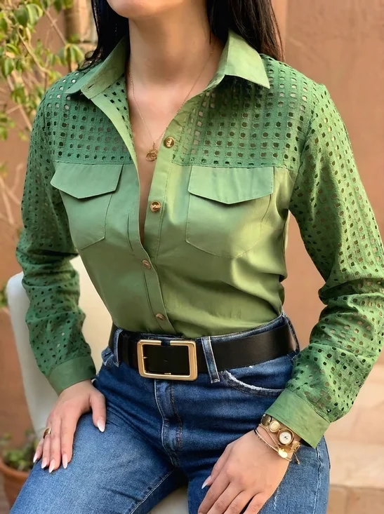 Casual Plain Hollow Out Shirt Collar Shirt