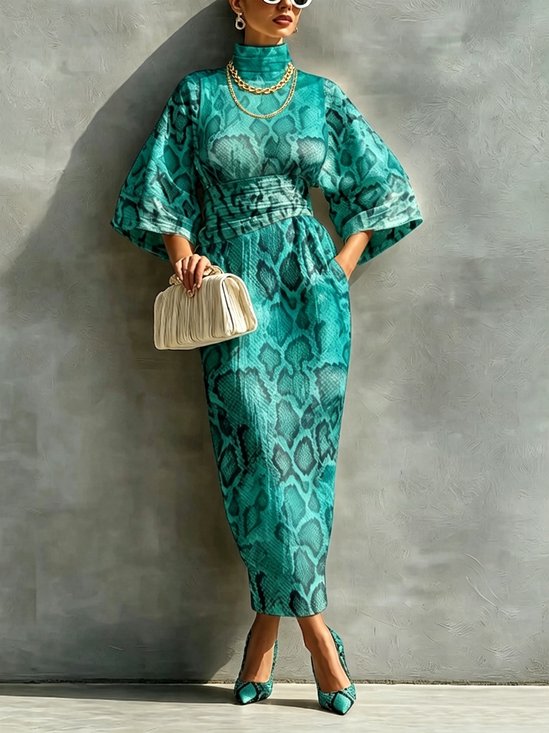 Elegant Snakeskin Printing Mock Neck Maxi Dress