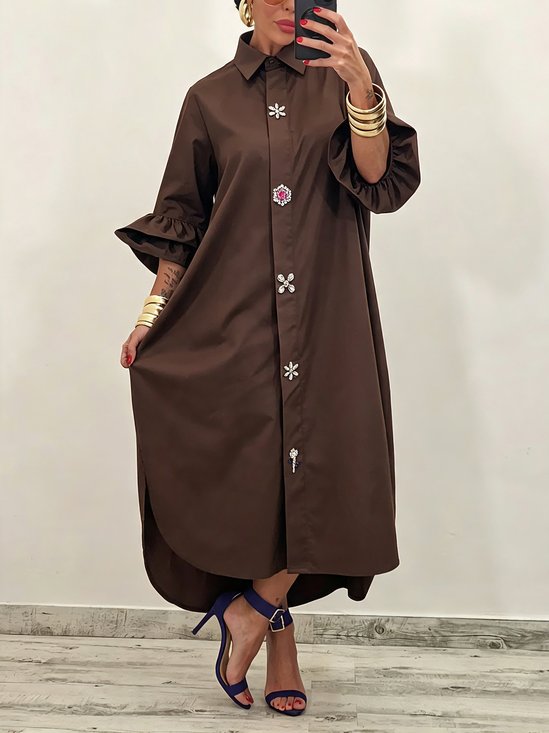 Cotton Casual Plain Bell Sleeve Button Detail Shirt Collar Maxi Dress