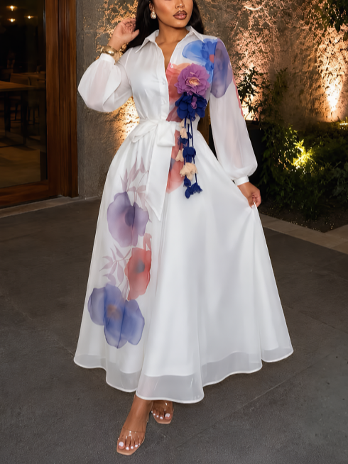 Elegant Floral Printing Shirt Collar Maxi Dress With  Belt