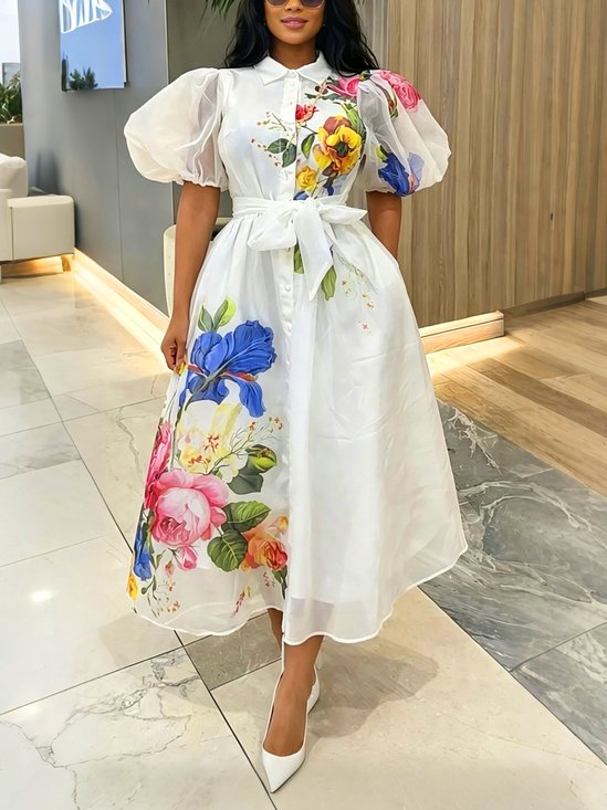 Elegant Floral Puff Sleeve Printing Shirt Collar Maxi Dress With Belt