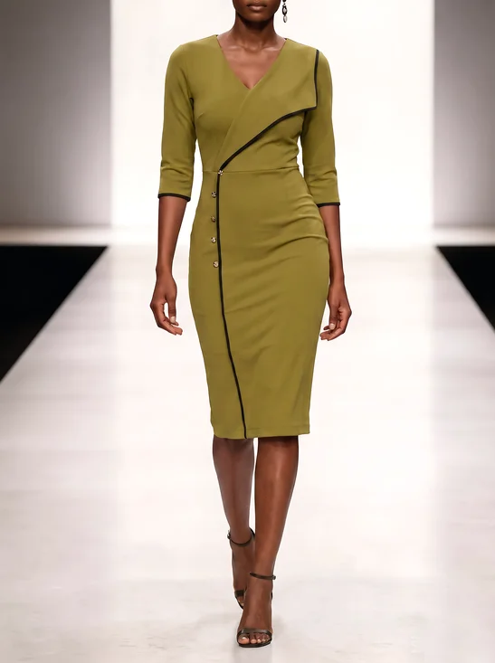 Urban Plain Metal Shawl Collar Midi Dress