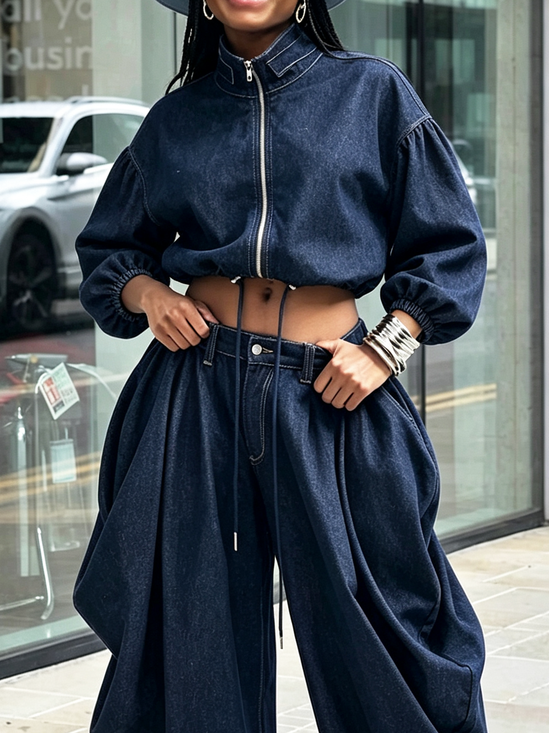 Urban Plain Stand Collar Denim Top
